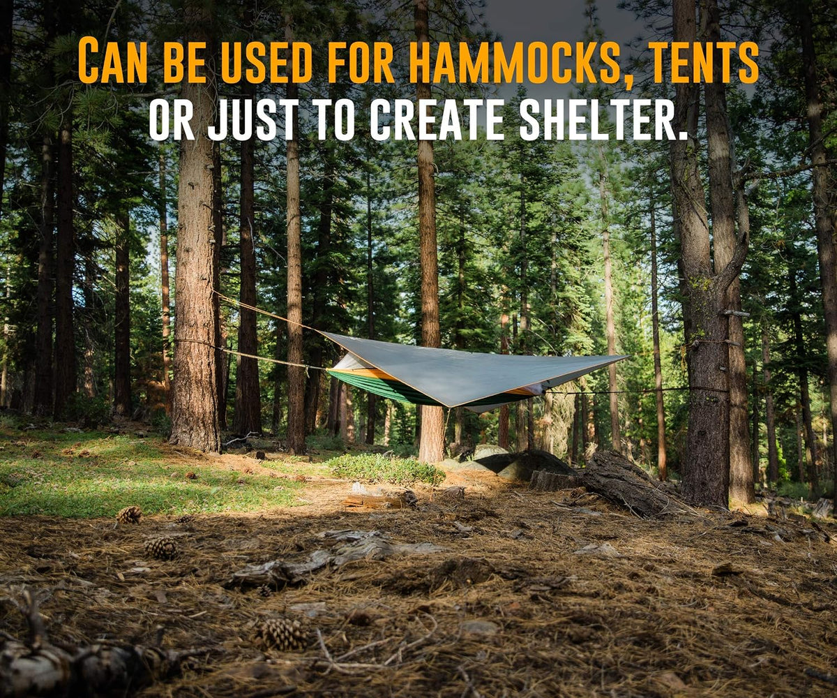 Ryno Tuff Hammock Rain Fly - Camping Tarp 10x10 Foot, The Tent Tarp is Waterproof Rated at 3000MM - Hammock Tarp Includes Aluminum Stakes and Guy Lines. Ultralight and Ultra-Durable