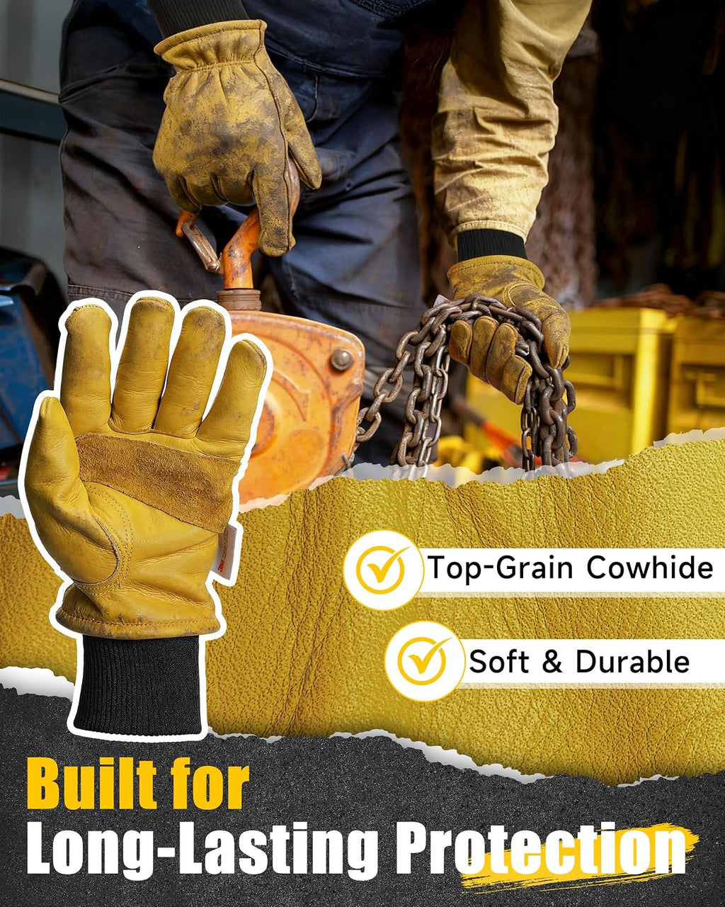 DULFINE Winter Insulated Cowhide Leather Work Gloves for Men and Women