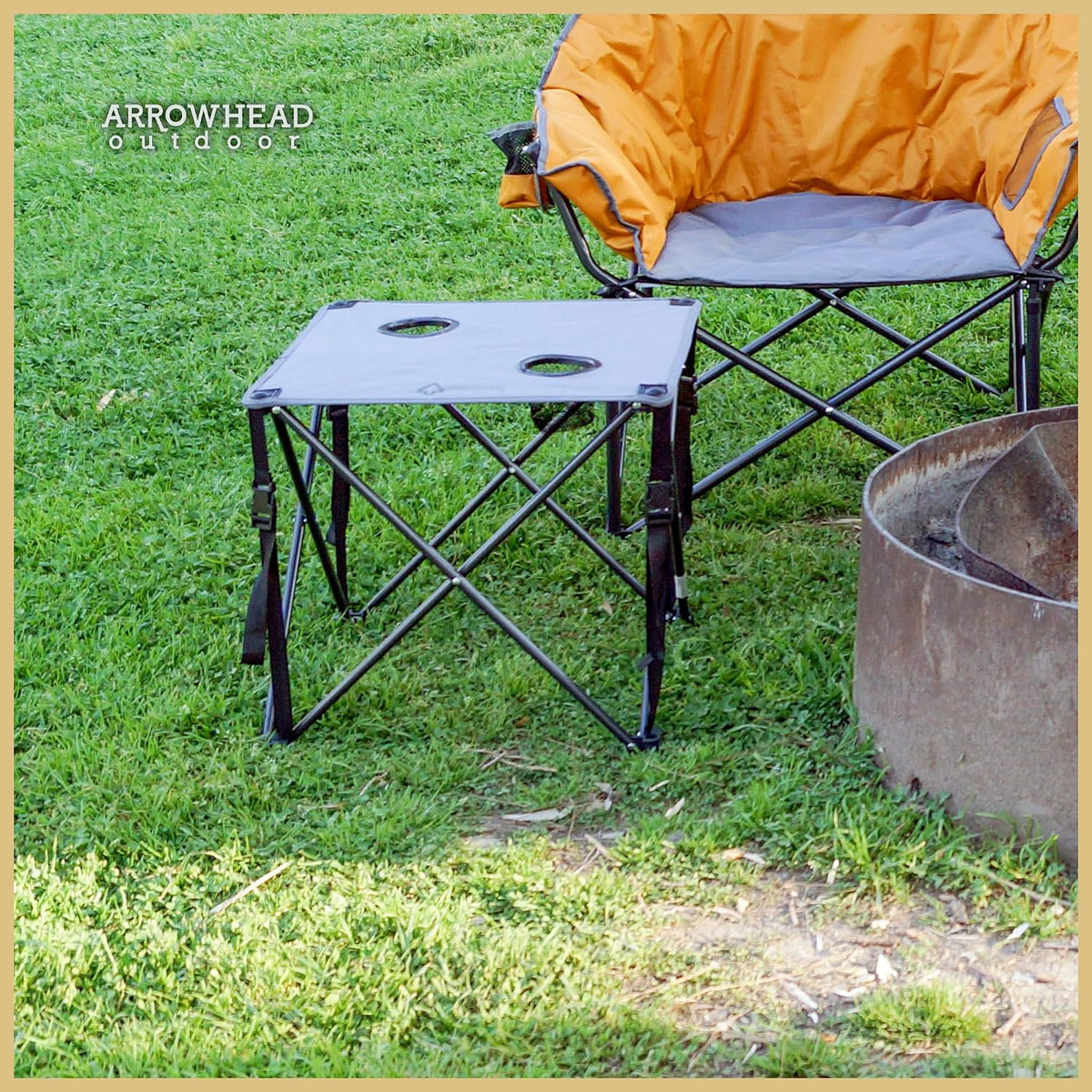 ARROWHEAD OUTDOOR 26” (66cm) Portable Camping Folding Table, 2 Cup Holders, Square, Carrying Case, Steel Frame, High-Grade 600D Canvas