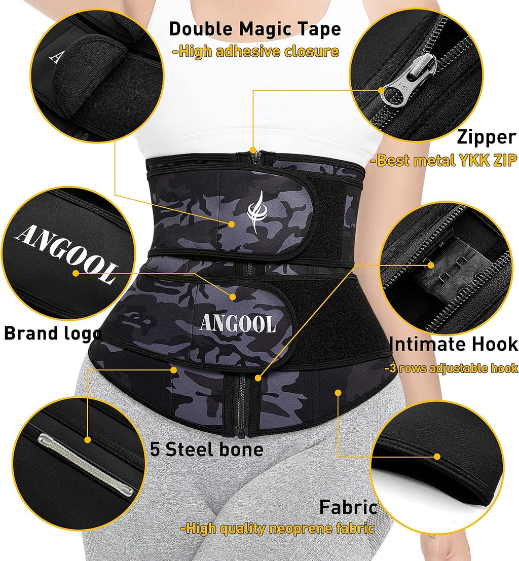 ANGOOL Neopren Waist Trainer for Women,Workout Plus Size Trimmer Belt Sauna Sweat Corset Cincher with Zipper