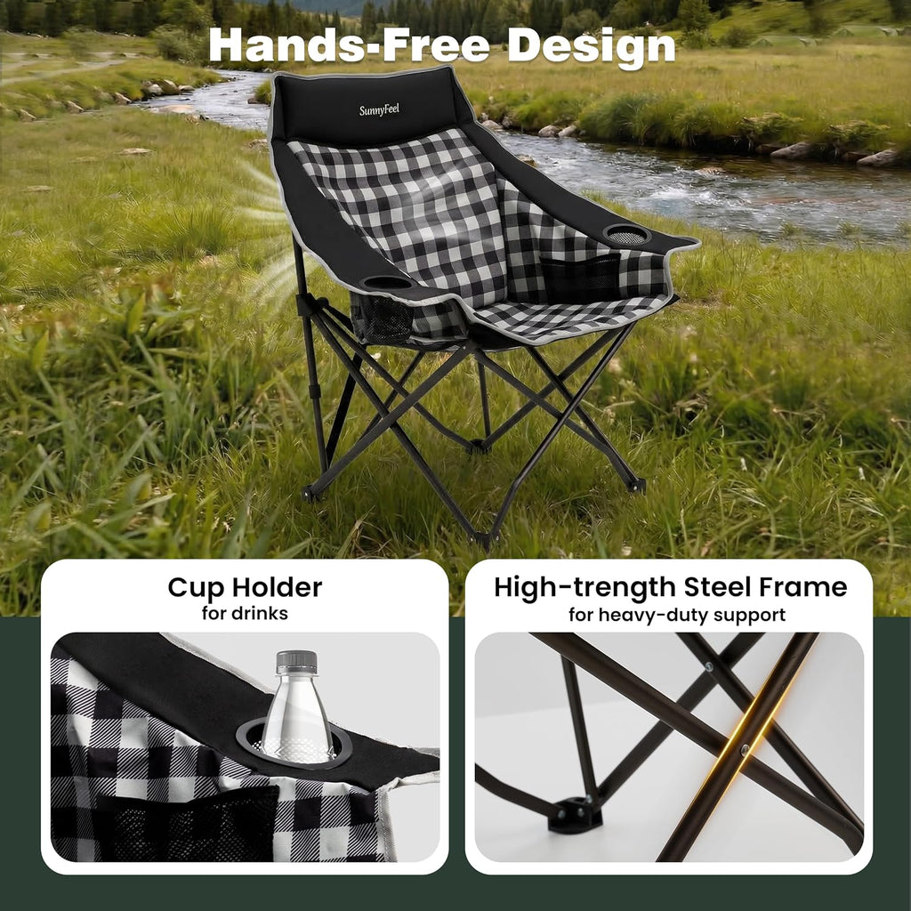 SUNNYFEEL 2 Pack Padded Oversized Camping Chairs for Adults, Heavy Duty Portable Folding Chair with Carry Bag, Side Pockets & Cup Holder, Supports 300 lbs, for Tailgating Hiking Picnic Backyard