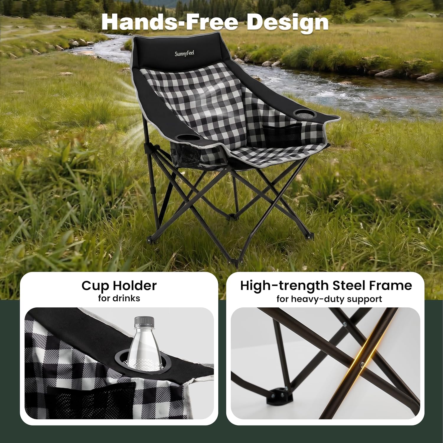 SUNNYFEEL 2 Pack Padded Oversized Camping Chairs for Adults, Heavy Duty Portable Folding Chair with Carry Bag, Side Pockets & Cup Holder, Supports 300 lbs, for Tailgating Hiking Picnic Backyard