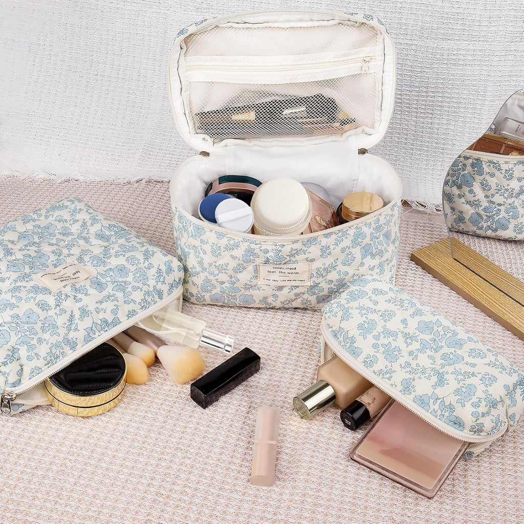 Gosect Large Makeup Bag Set, Quilted Makeup Bag, Floral Cosmetic Bag for Women, Cute Cotton Makeup Bags, Flower Travel Toiletry Organizer Bag (white)