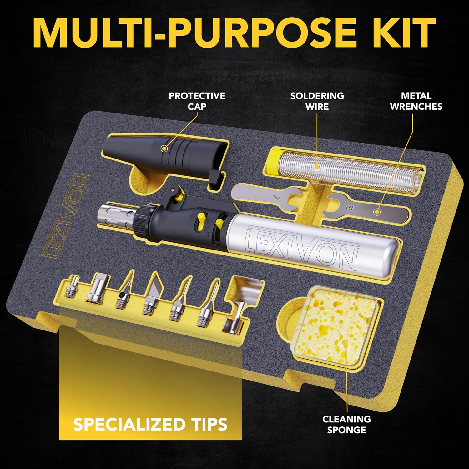 LEXIVON Butane Soldering Iron Multi-Purpose Kit | Cordless Self-Igniting Adjustable Flame 7-Tip Set | Pro Grade 125-Watt Equivalent (LX-770)