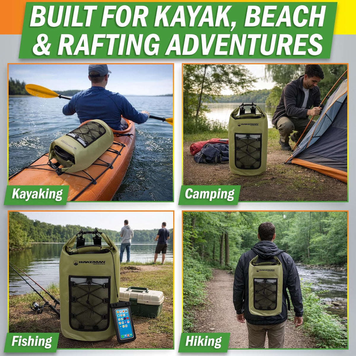 Wakeman Waterproof Dry Bag - 30L Roll Top Lightweight Waterproof Backpack for Men or Women with Phone Case and Mesh Pocket - Kayaking, Boating, Swimming, Camping or Fishing Gear Outdoors (Green)