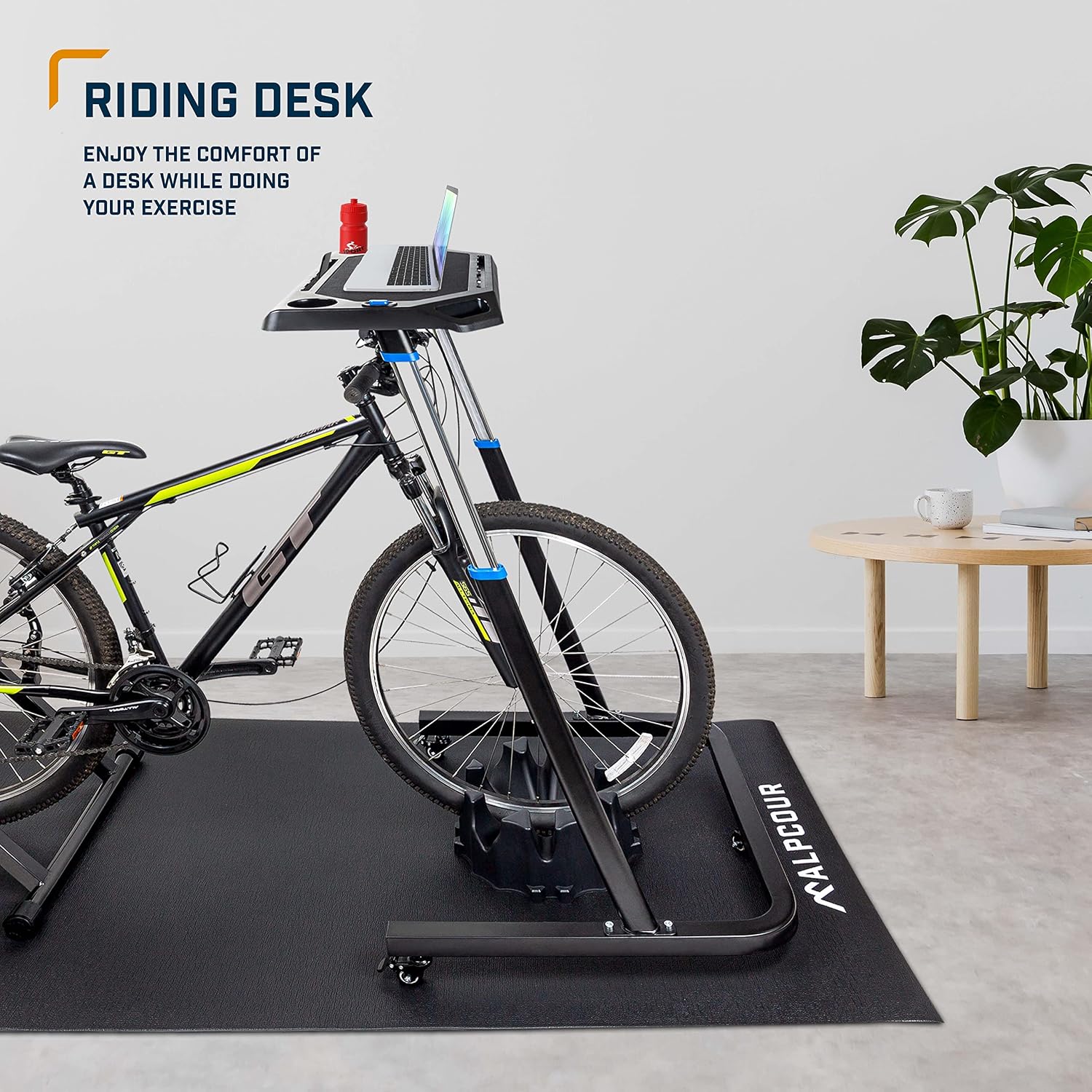 Alpcour Bike Trainer Fitness Desk – Portable Multi-Tasking Workstation Table for Cycling and Exercise – Adjustable Height with Non-Slip Surface and Gadget Slots – Lockable Wheels