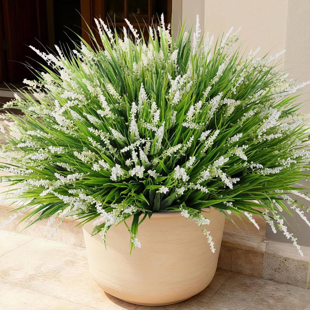 Ivydale 20PCS Artificial Plants Fake Flowers Monkey Grass for Outdoors,UV Resistant Realistic White Faux Greenery Shrubs Outside Decor for Home Garland Porch Patio Balcony Planter Yard Office Pathway