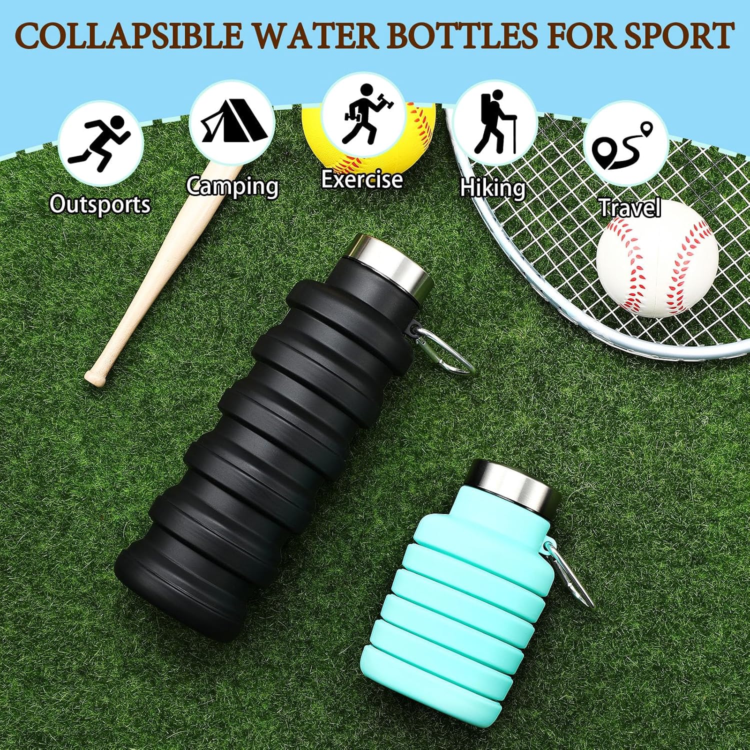 Baderke 2 Pcs Collapsible Water Bottles, 17oz, Green, Black