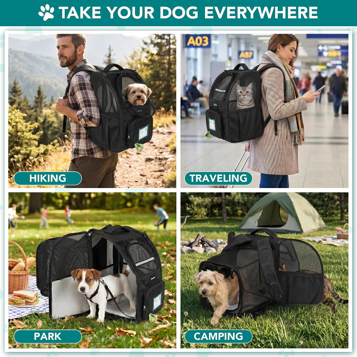 PetAmi Expandable Dog Cat Backpack Carrier, Airline Approved, Black