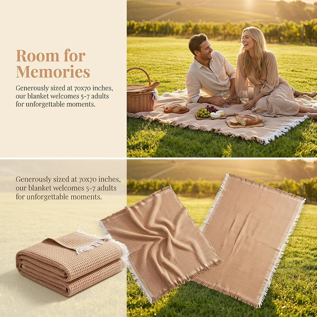 70"x 70" Picnic Blanket Extra Large,Layer Outdoor Blanket for 5 to 7 Adults,Camping Grass Lawn Park Accessories Cute Couple Gifts Ideas Wedding Registry for Park, Beach (Khaki)