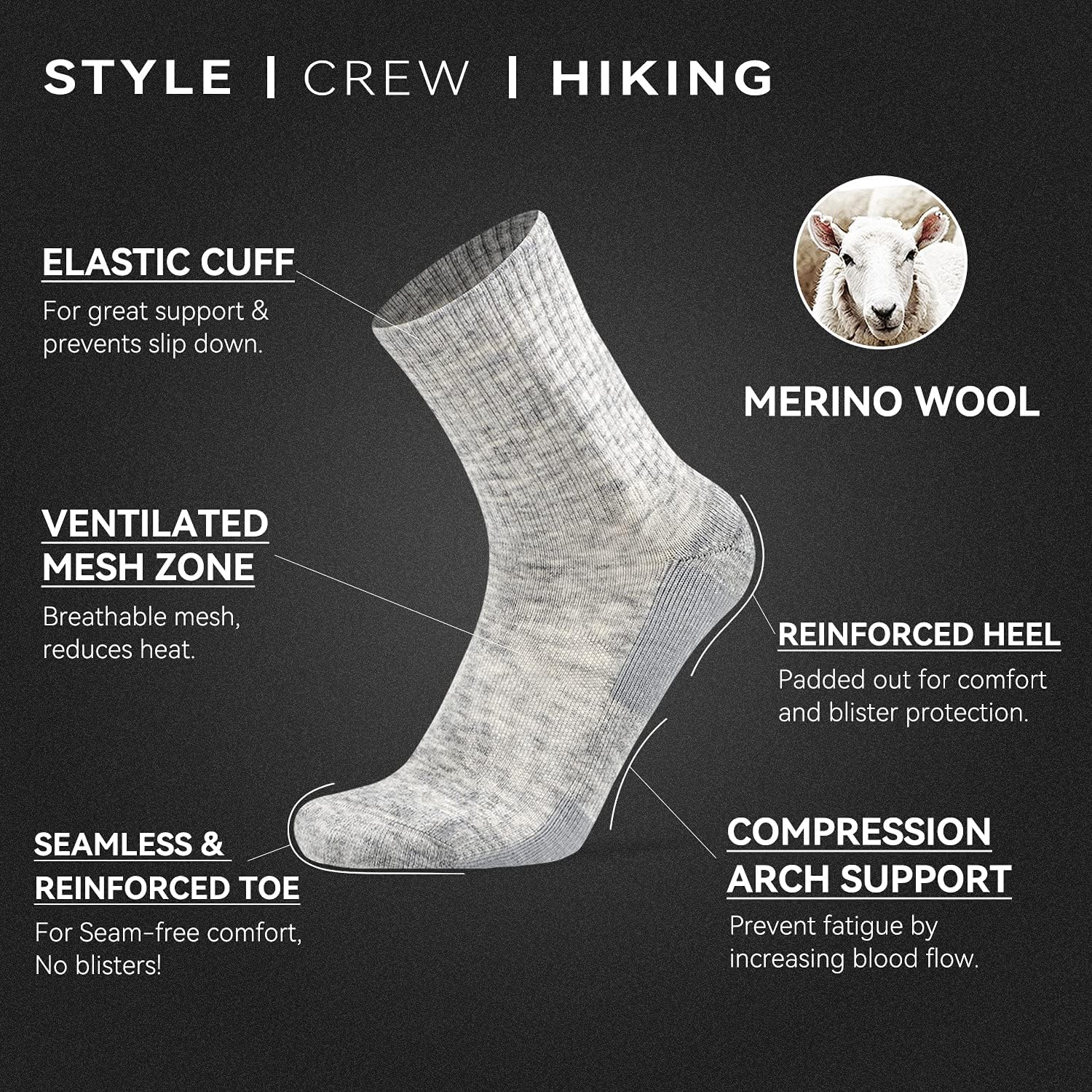 Socks Daze Crew Warm Merino Wool Blend Cushioned Hiking Socks for Men Women