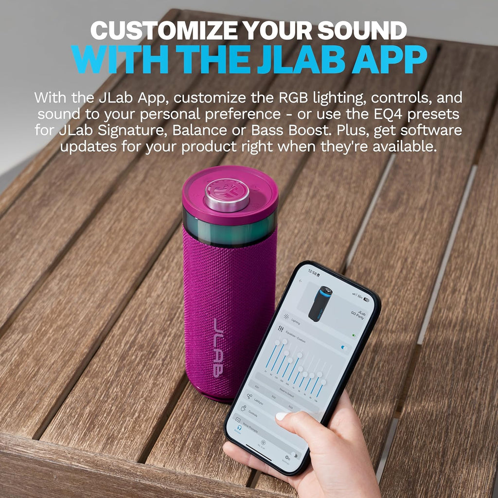 JLab, Go Party, Portable Bluetooth Speaker, Waterproof, RGB Lighting, LabSync, Mulberry