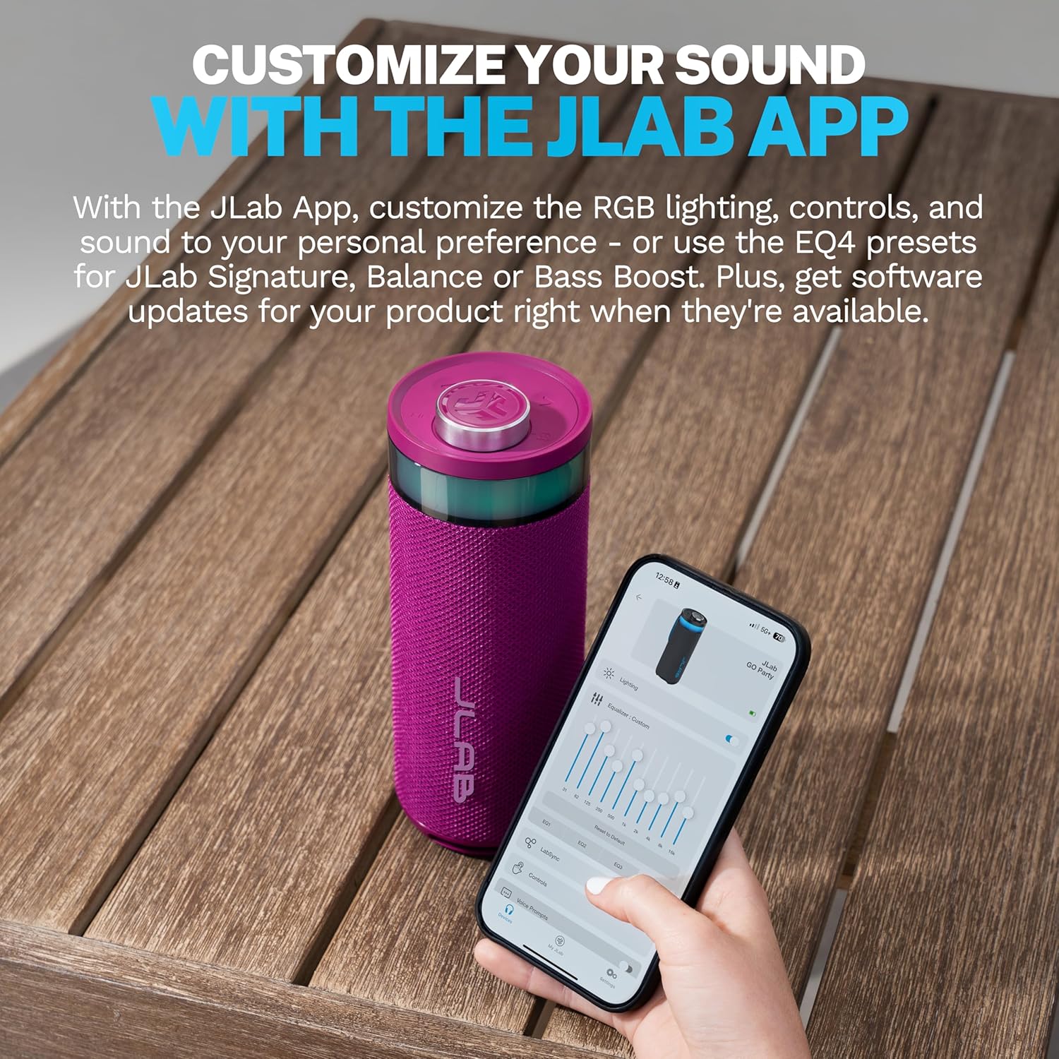 JLab, Go Party, Portable Bluetooth Speaker, Waterproof, RGB Lighting, LabSync, Mulberry