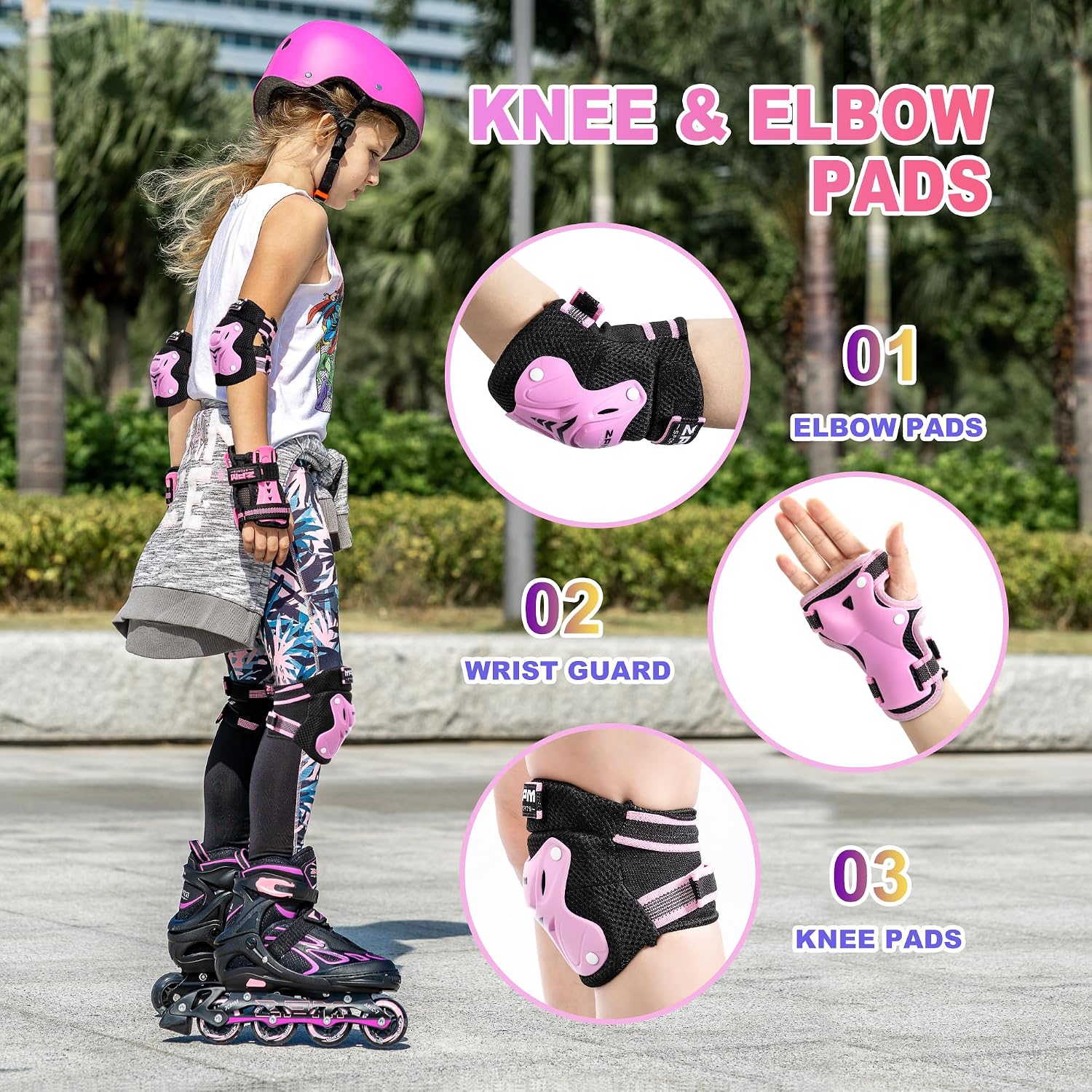 2PM SPORTS Knee Pads for Kids, Wrist Guards Knee and Elbow Pads Set with Drawstring Bag, Protective Gear Set for Girls Boys Roller Skating Cycling Skateboard - Pink Medium