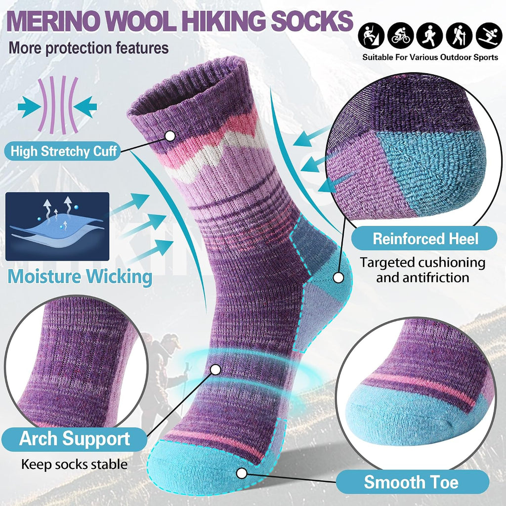 Sandsuced Merino Wool Hiking Warm Socks Thermal Winter Cozy Crew with Cushioned Sole & Moisture Wicking 5 Pairs for Women