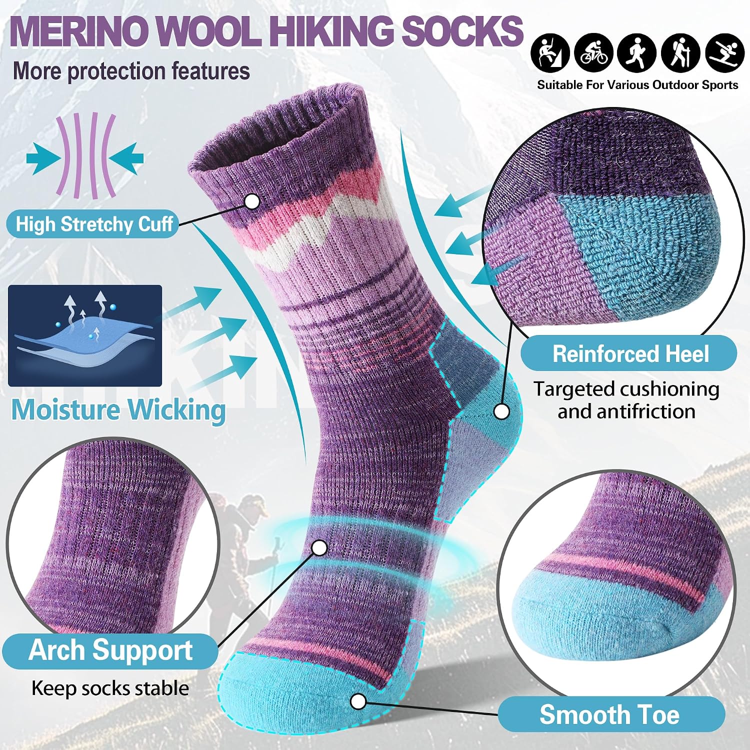 Sandsuced Merino Wool Hiking Warm Socks Thermal Winter Cozy Crew with Cushioned Sole & Moisture Wicking 5 Pairs for Women