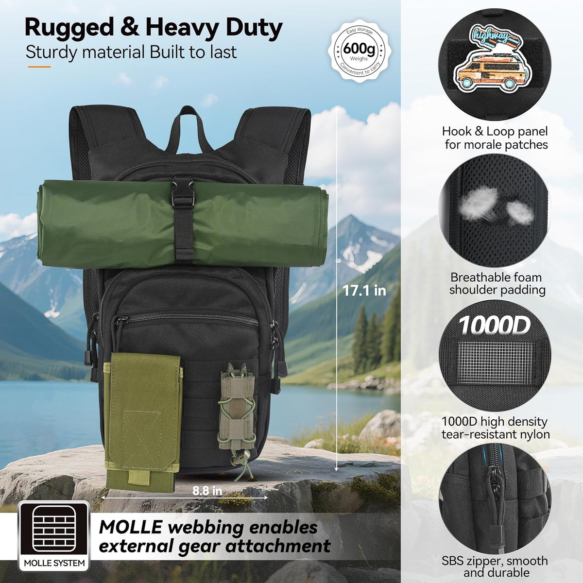 MARCHWAY Tactical Molle Hydration Pack with 2.5L TPU Water Bladder, Low-Profile Organized Military Backpack for Hiking, Cycling, Backpacking, Hunting, Running