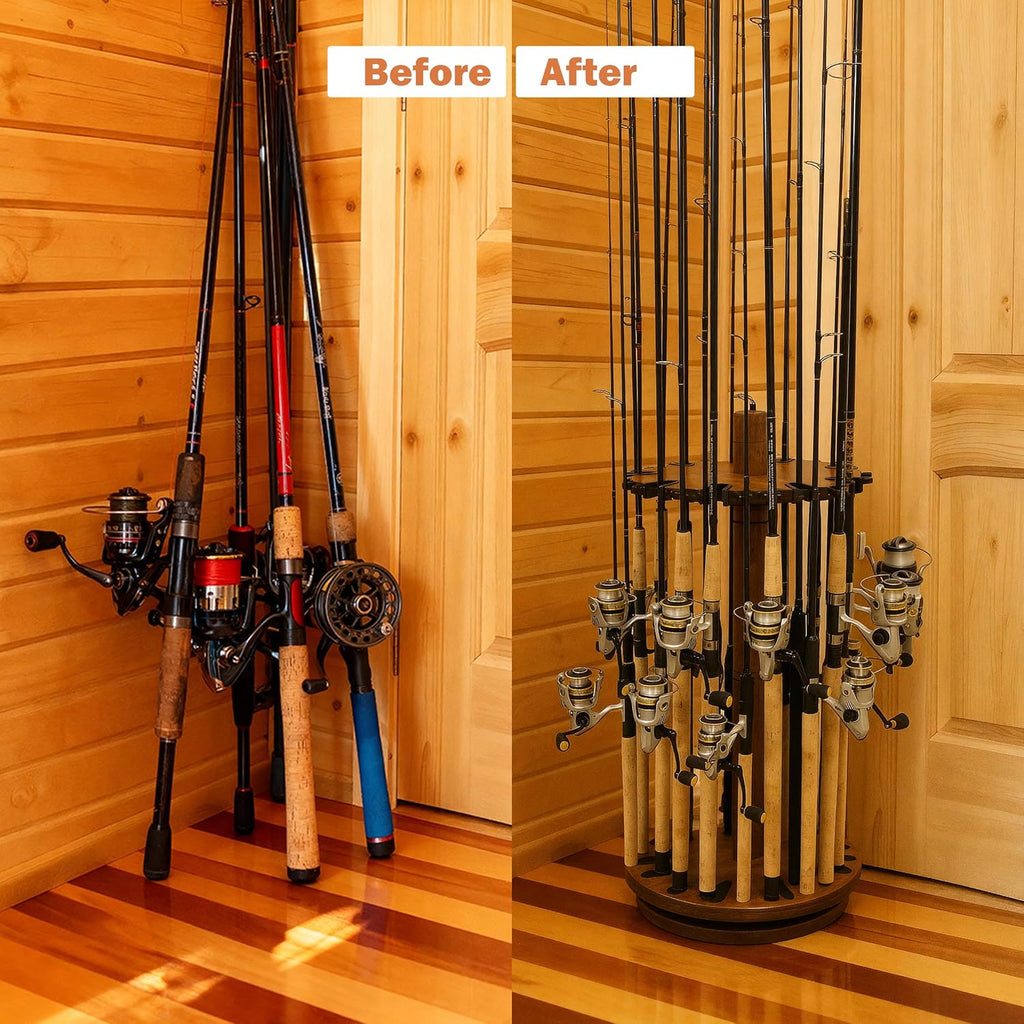 30-Fishing Rod Spinning Wood Storage Rack – Dark Stain