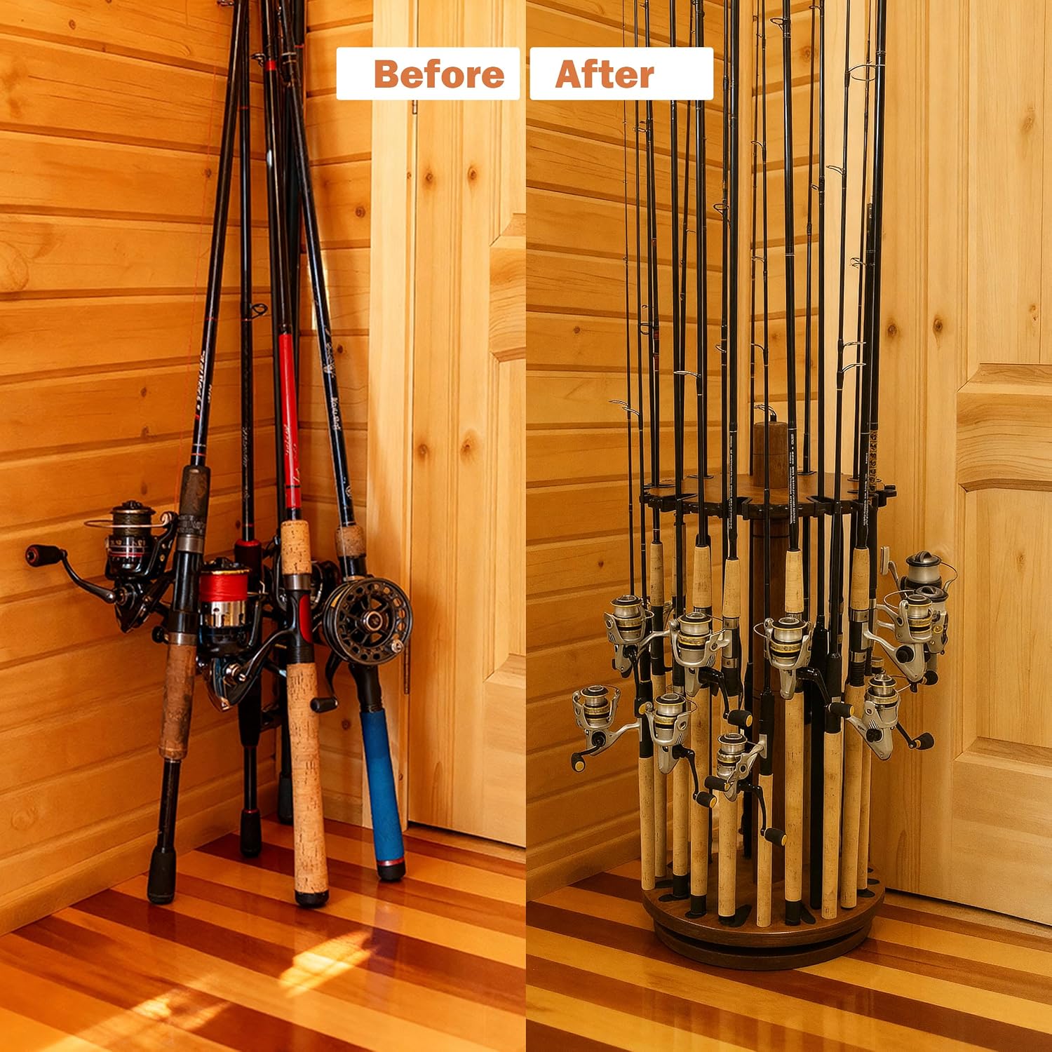 30-Fishing Rod Spinning Wood Storage Rack – Dark Stain
