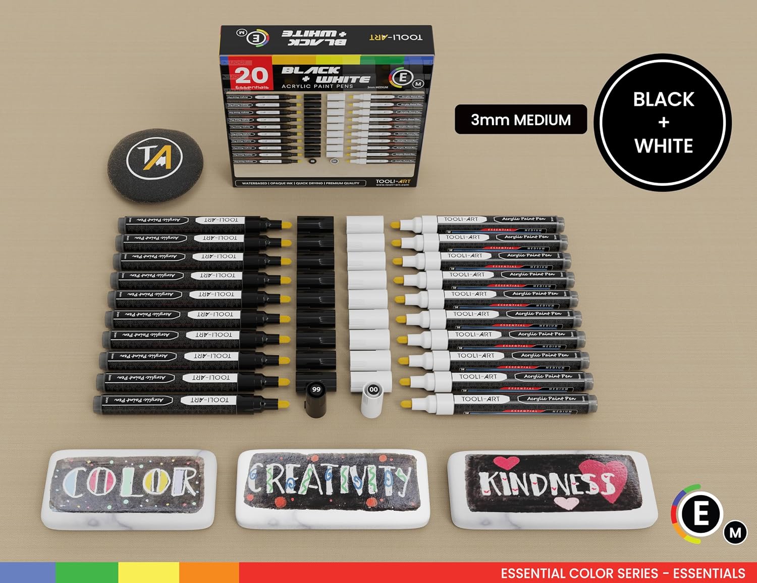 TOOLI-ART Black And White Acrylic Paint Markers Paint Pens Set For Rock Painting, Canvas, Mugs, Metal, Glass Paint, Fabric, Wood, DIY. Non Toxic, Quick Dry,Waterbas (MEDIUM)