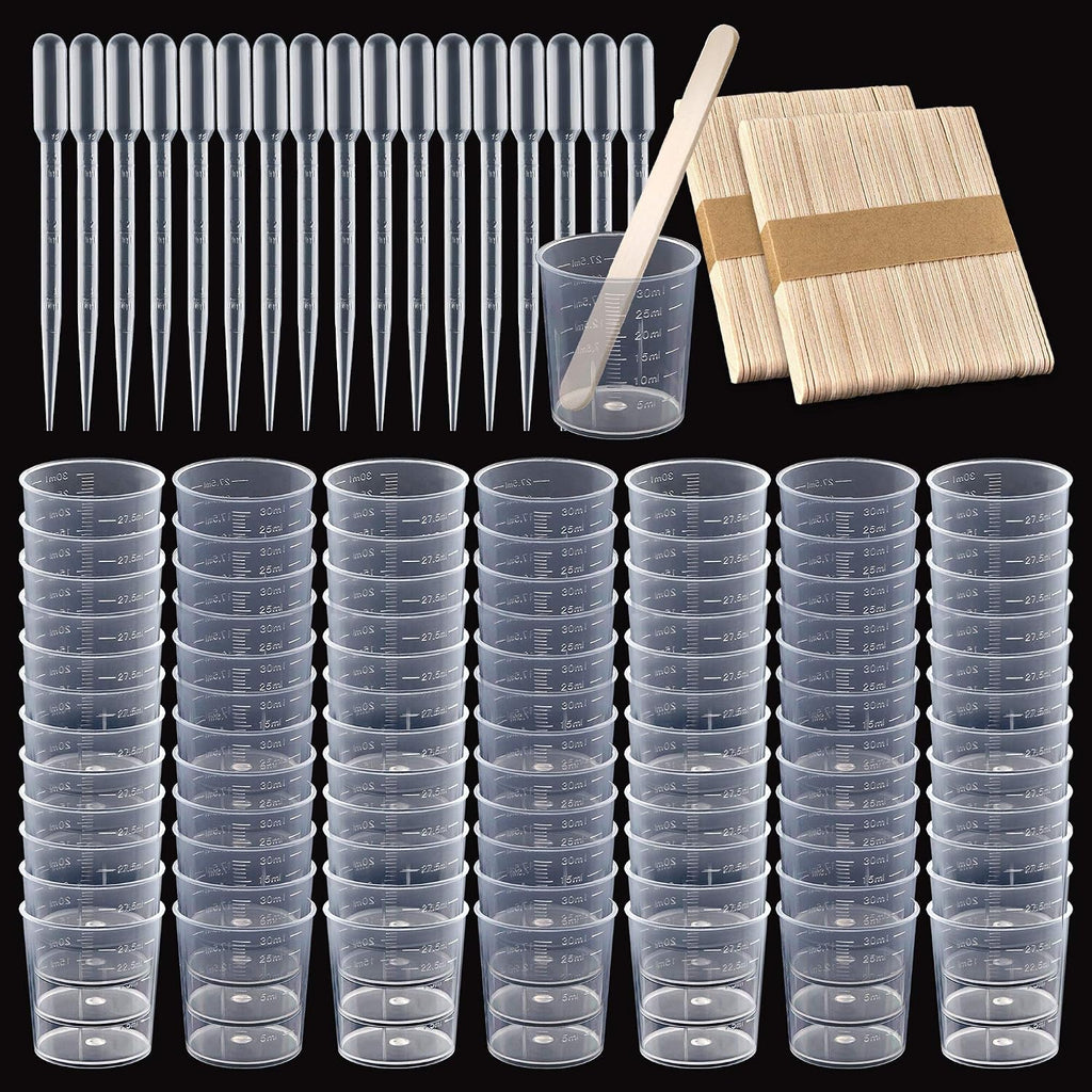 Coopay Plastic Graduated Cups Tools - 50 Pack 30ml/1oz Transparent Scale Measuring Cups, 50 Pack Wooden Stirring Sticks and 3ml Transfer Pipettes for Resin, Epoxy, Stain, Mixing Paint
