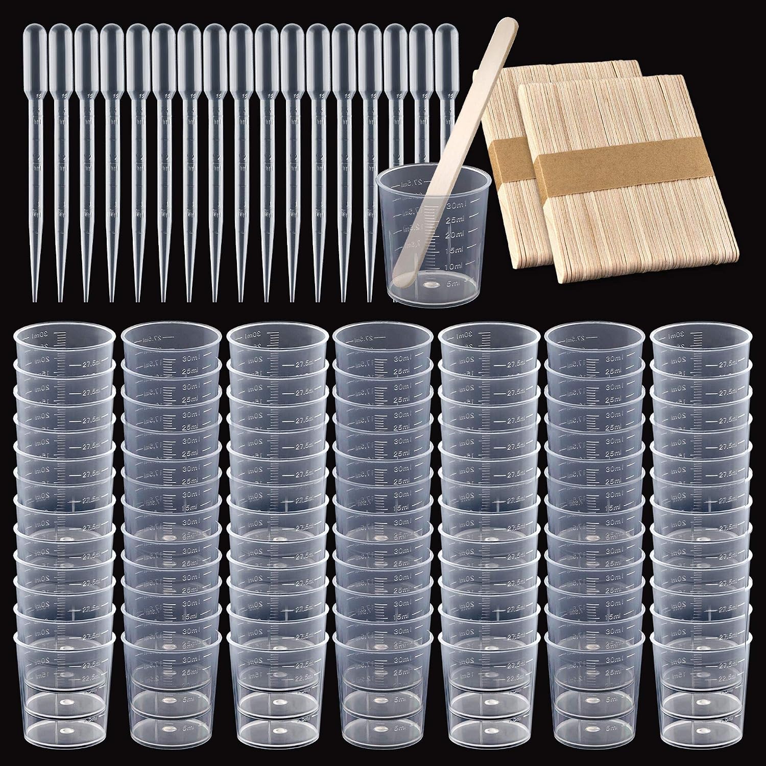 Coopay Plastic Graduated Cups Tools - 50 Pack 30ml/1oz Transparent Scale Measuring Cups, 50 Pack Wooden Stirring Sticks and 3ml Transfer Pipettes for Resin, Epoxy, Stain, Mixing Paint