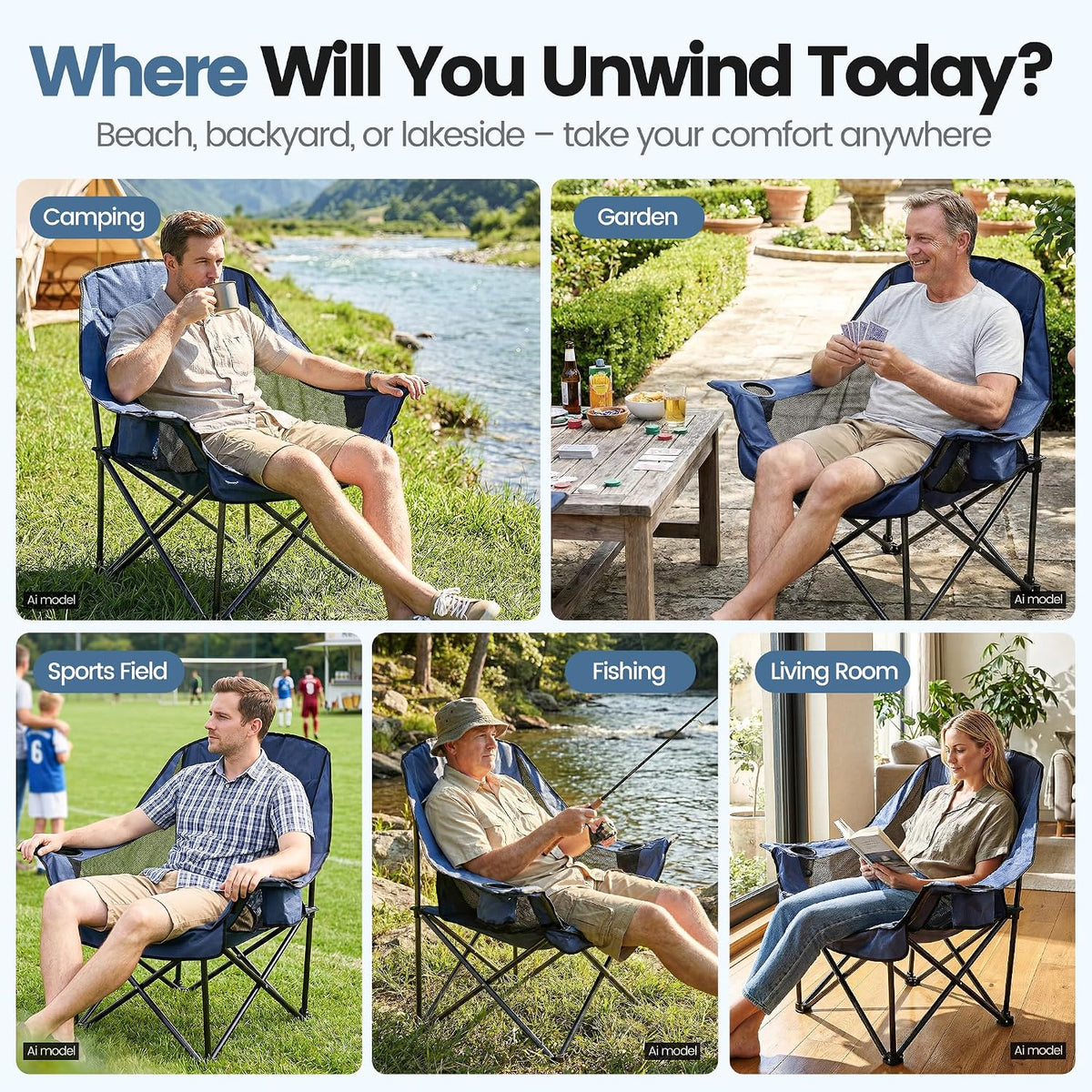 2 Pack Oversized Camping Chairs for Adults & Teens, Heavy Duty 400 LBS Capacity Portable Folding Mesh Lawn Chairs for Camping, Beach, Picnic, Patio, Fishing, RV (Navy Blue, Mesh)