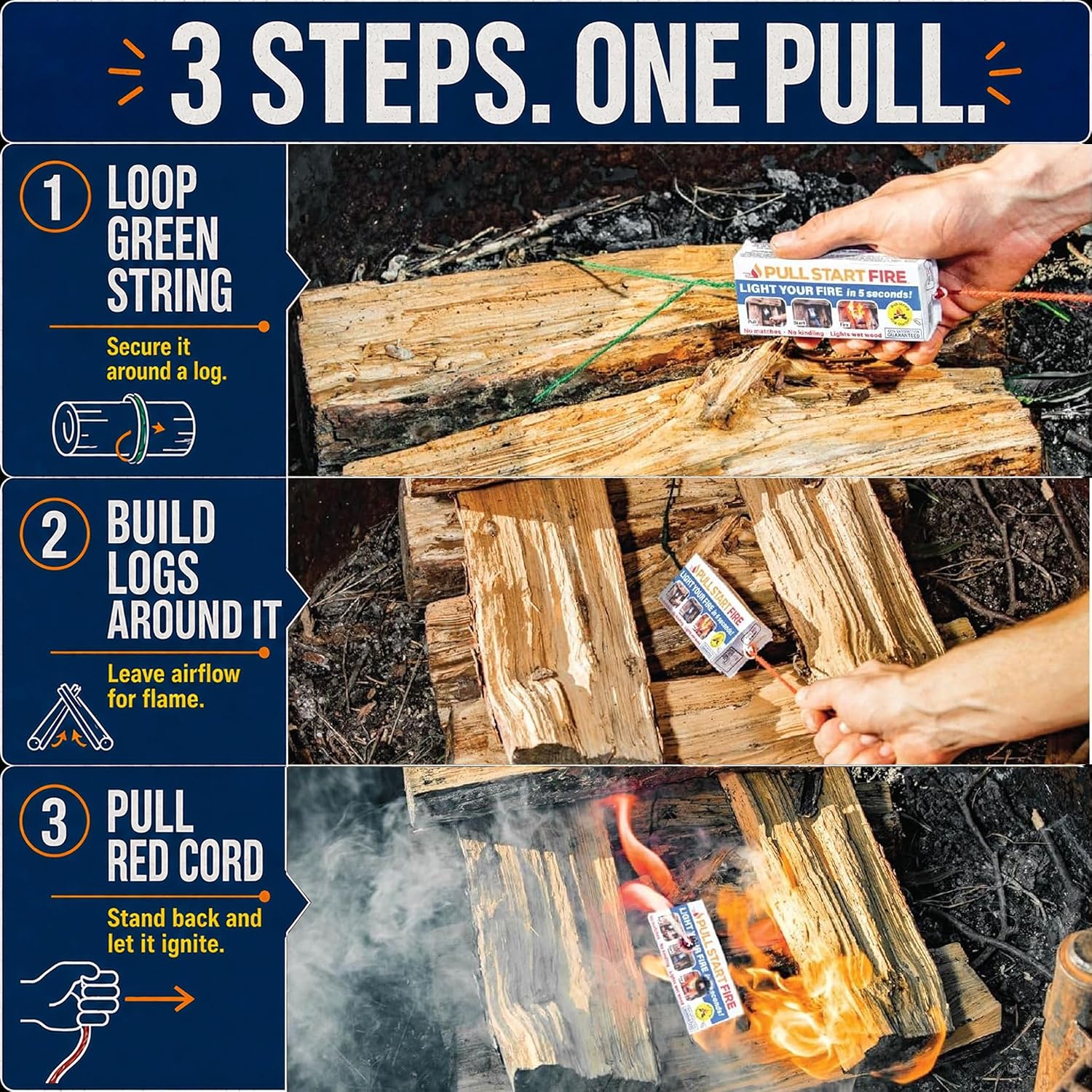 Pull Start Fire Starter, Pull String, No Matches, Lights Wet Wood, 30 Count