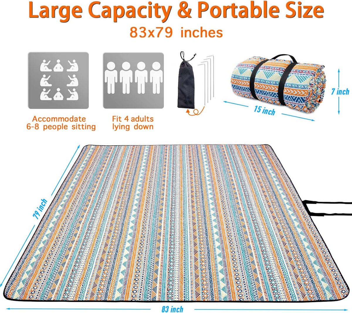 PY SUPER MODE Picnic Blankets Extra Large, Waterproof Foldable Outdoor Beach Blanket Oversized 83x79” Sandproof, 3-Layer Picnic Mat for Camping, Hiking, Travel, Park, Concerts(Orange Boho)