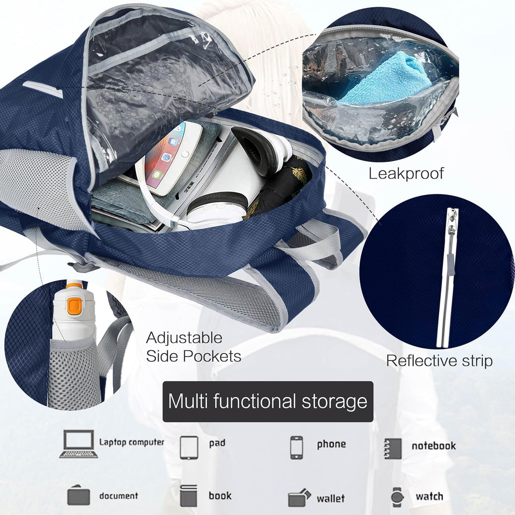 Waterproof Foldable Hiking Backpack, Lightweight Beach Bag DarkBlue