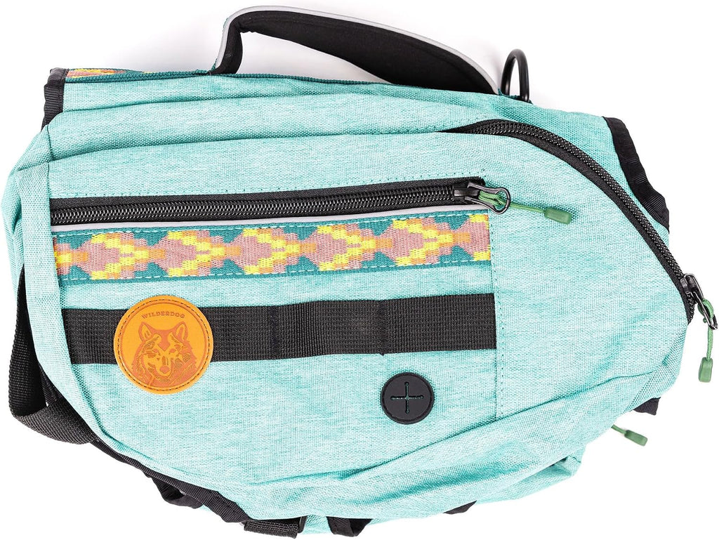 Widlerdog Dog Backpack with Built in Harness and Back-Mounted D-Ring Leash Attachment, Handle, Two Saddlebags with 4 Total Pockets, Built in Poop Bag Dispenser (Seafoam Green, Medium)