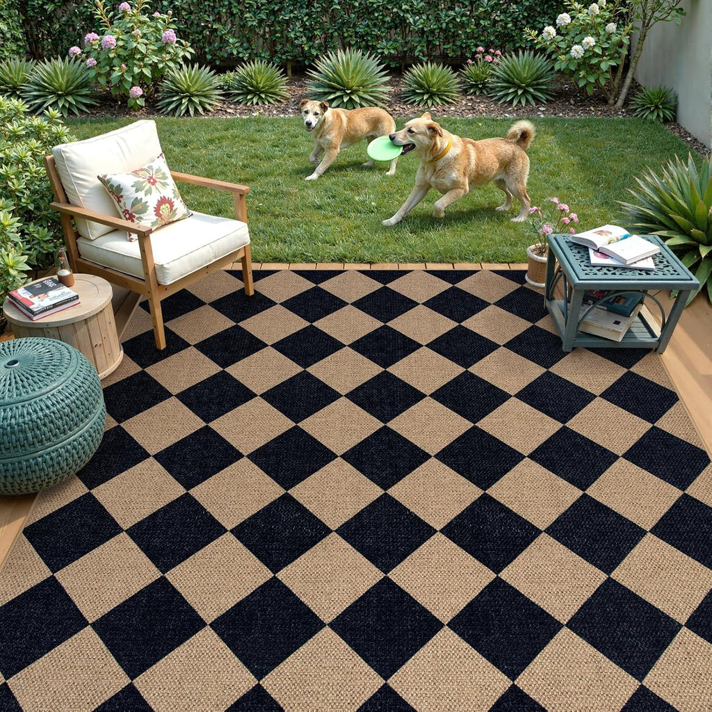 Lahome Checkered Easy Jute 5x7 Outdoor Rug, Washable Rugs for Living Room