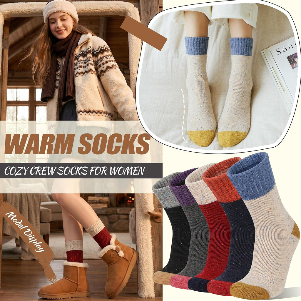 EBMORE 5 Pairs Women Merino Wool Boot Socks Warm Thermal Winter Thick Hiking Cozy Cabin Crew Comfy Socks for Ladies
