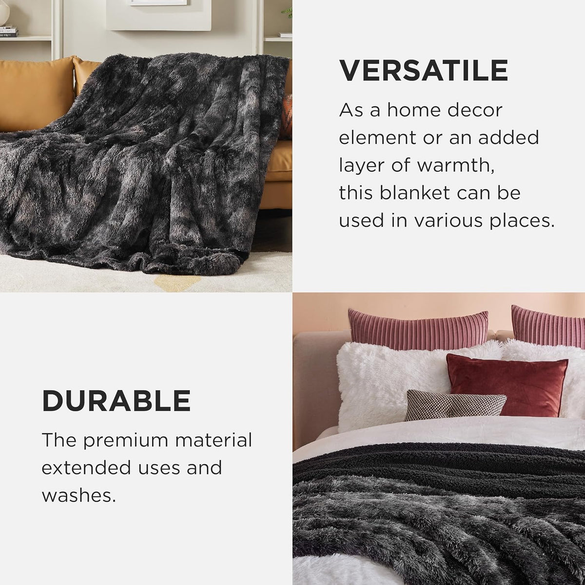 Bedsure Faux Fur Fluffy Sherpa Blanket Couch Throw Tie Dye Black 50"x60"