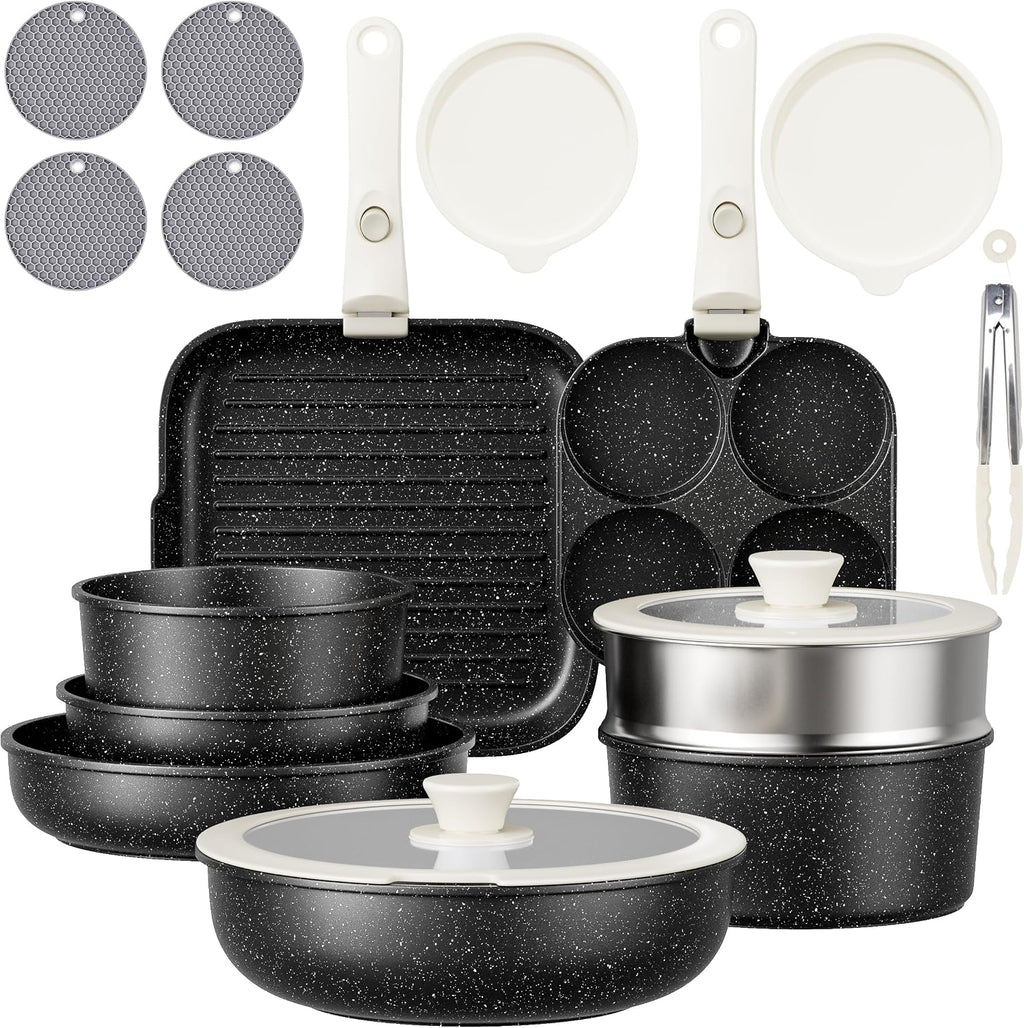 Caannasweis Detachable Nonstick Cookware Set - Stackable Induction Pots and Pans With Removable Handles, Dishwasher Safe - For RV Camping, Oven and Stovetop Use, 5 Pieces (Stainless Steel)