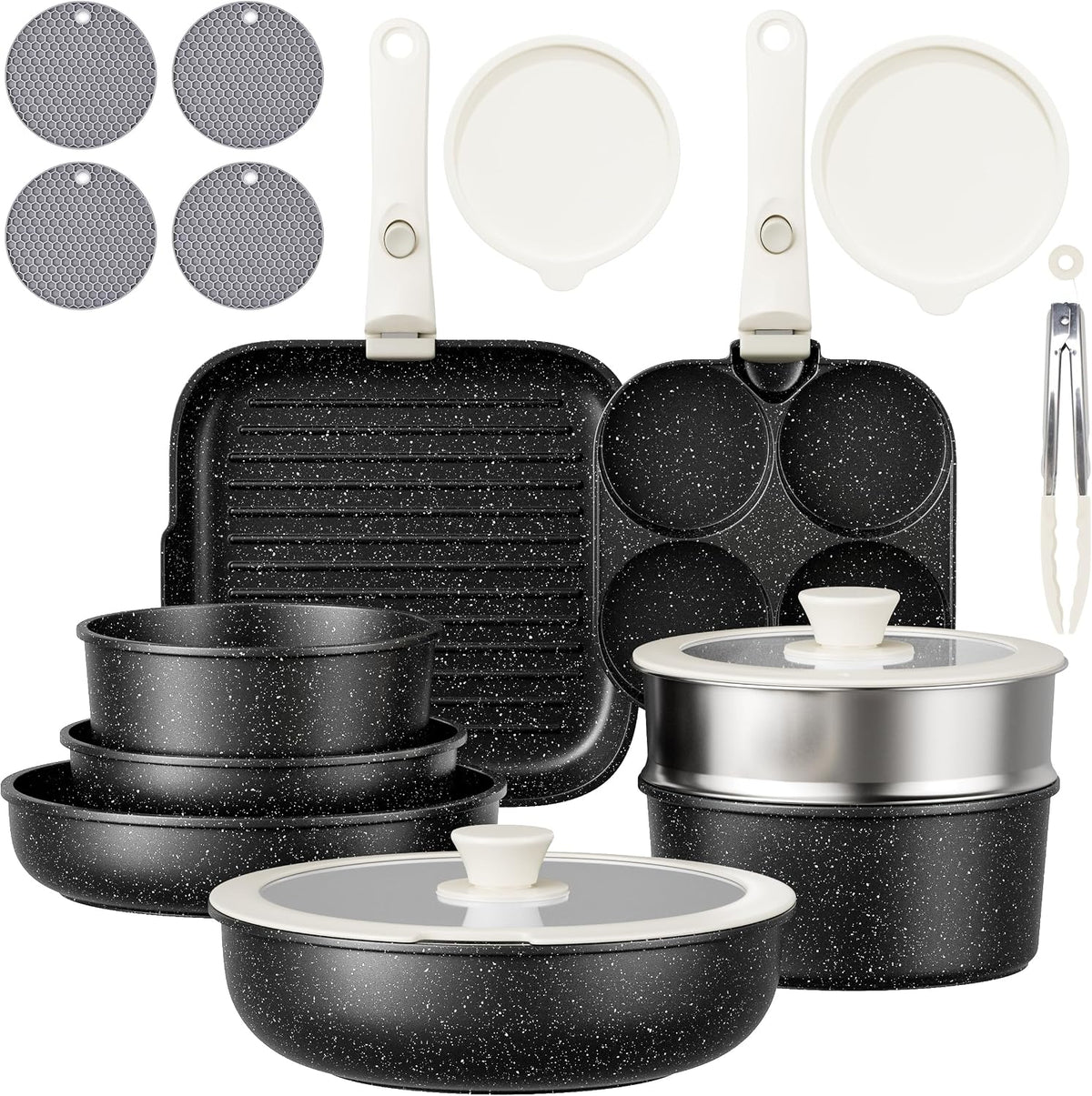 Caannasweis Detachable Nonstick Cookware Set - Stackable Induction Pots and Pans With Removable Handles, Dishwasher Safe - For RV Camping, Oven and Stovetop Use, 5 Pieces (Stainless Steel)