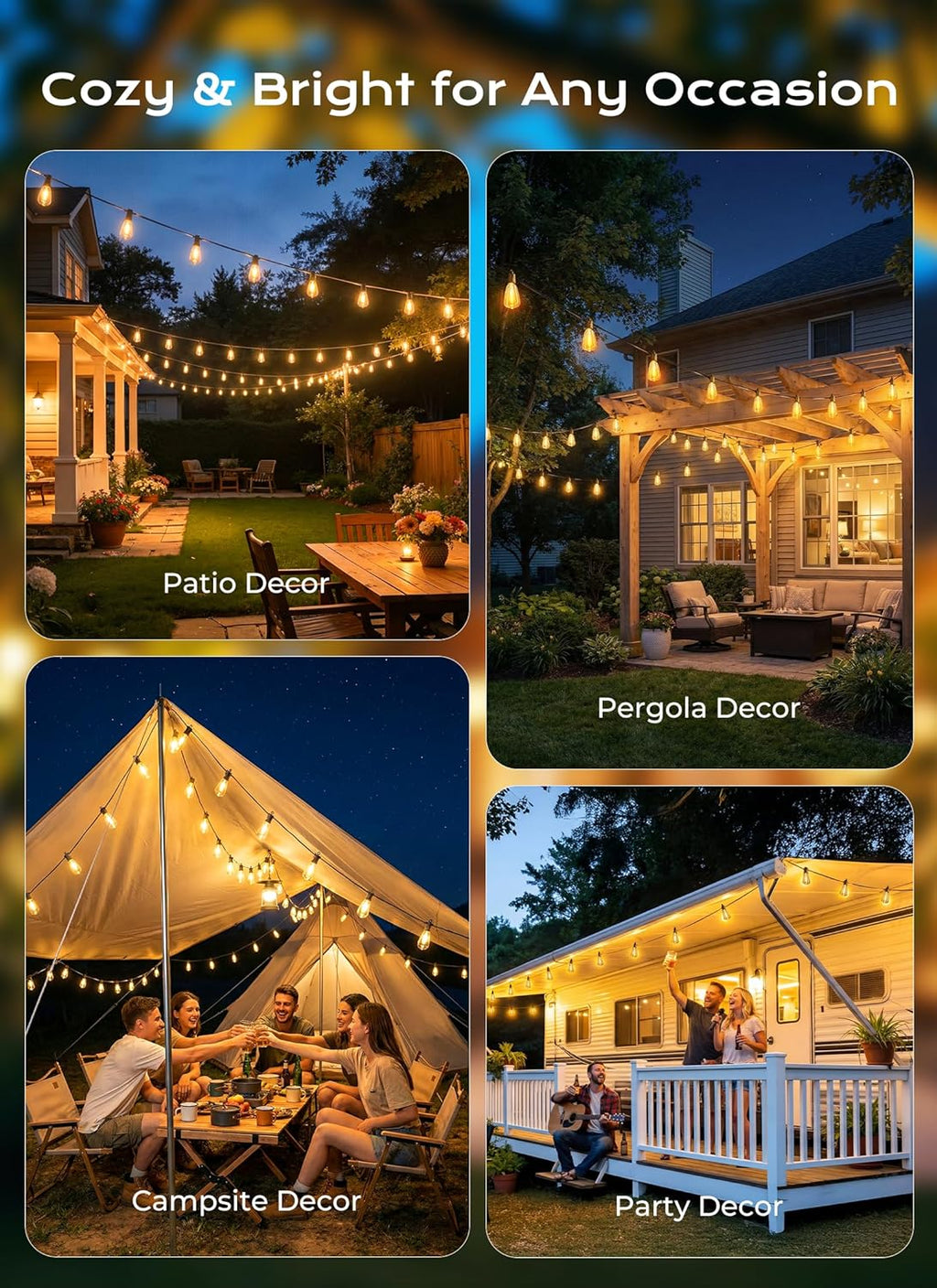 Brightown 52FT Solar String Lights Outdoor Waterproof, Up to 26Hrs Runtime