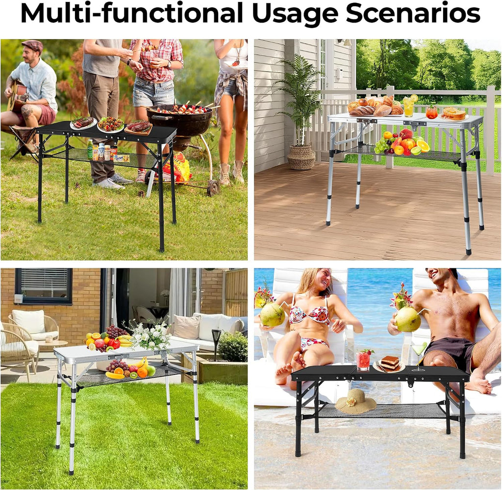 3ft Folding Camping Table with 3 Adjustable Height Max 27.3 Inch