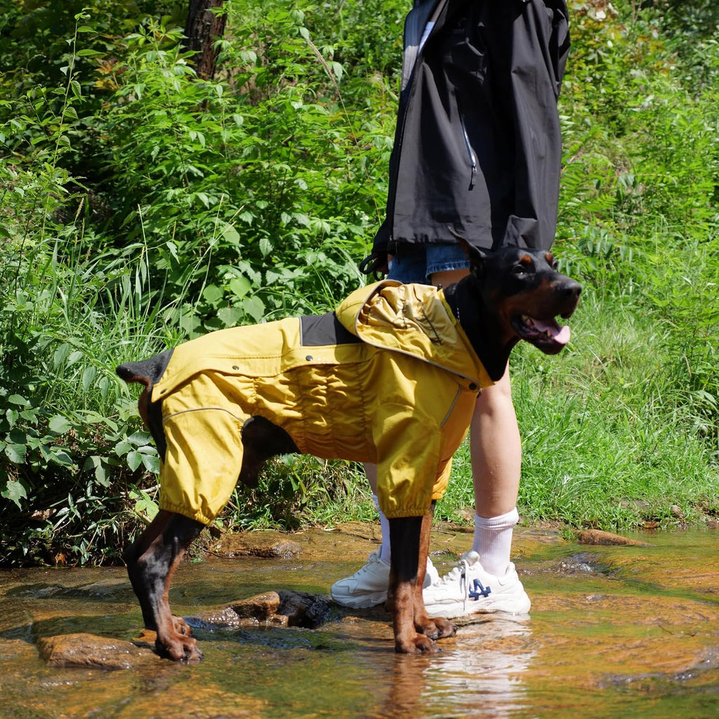 LOVELONGLONG Waterproof Dog Raincoat with Removable Hood – Outdoor Full Body Dog Jacket, Windproof Snowproof Shell Suit – All Season Pet Rain Gear Mustard Yellow 3XL