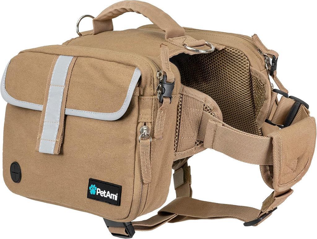 PetAmi Dog Backpack for Medium Large Dogs, Saddle Bag (Tan Canvas, Medium)