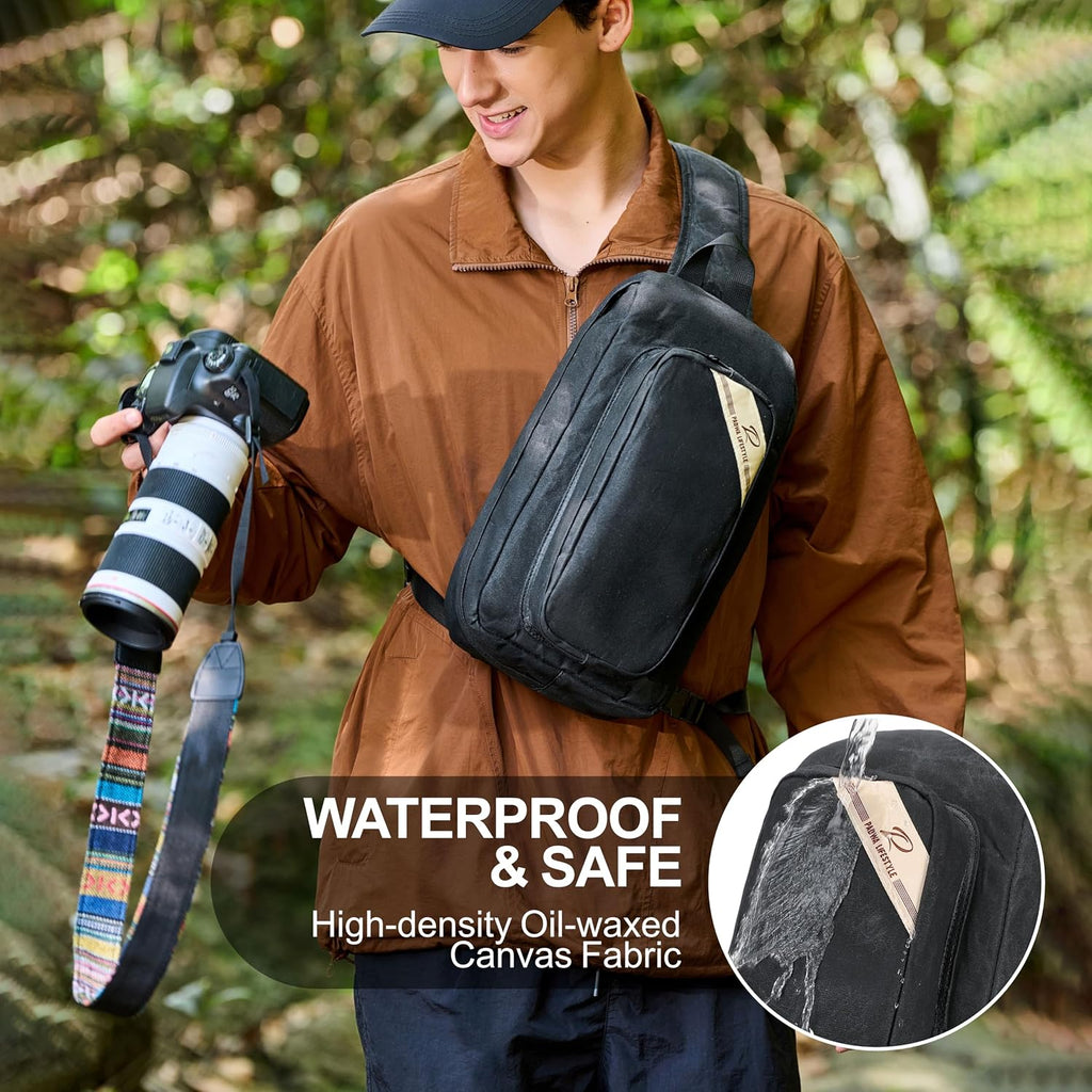 Padwa Lifestyle Black Crossbody Camera Bag - Waxed Memory Canvas Compact Camera Sling and Crossbody Bag with Fast Access,Versatile Lightweight Everyday Bag Great for Photographers Travel,Photography