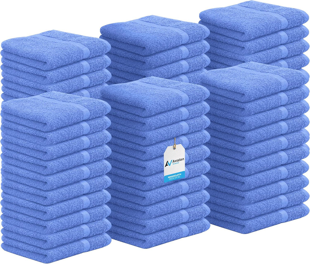 Avalon Towels Cotton Washcloths – (Pack of 60) Size 12x12 Inches, 100% Ring Spun Cotton, Soft & Absorbent Face Towels, Gym Towels, Hotel and Spa Quality, Reusable Fingertip Towels (Blue)
