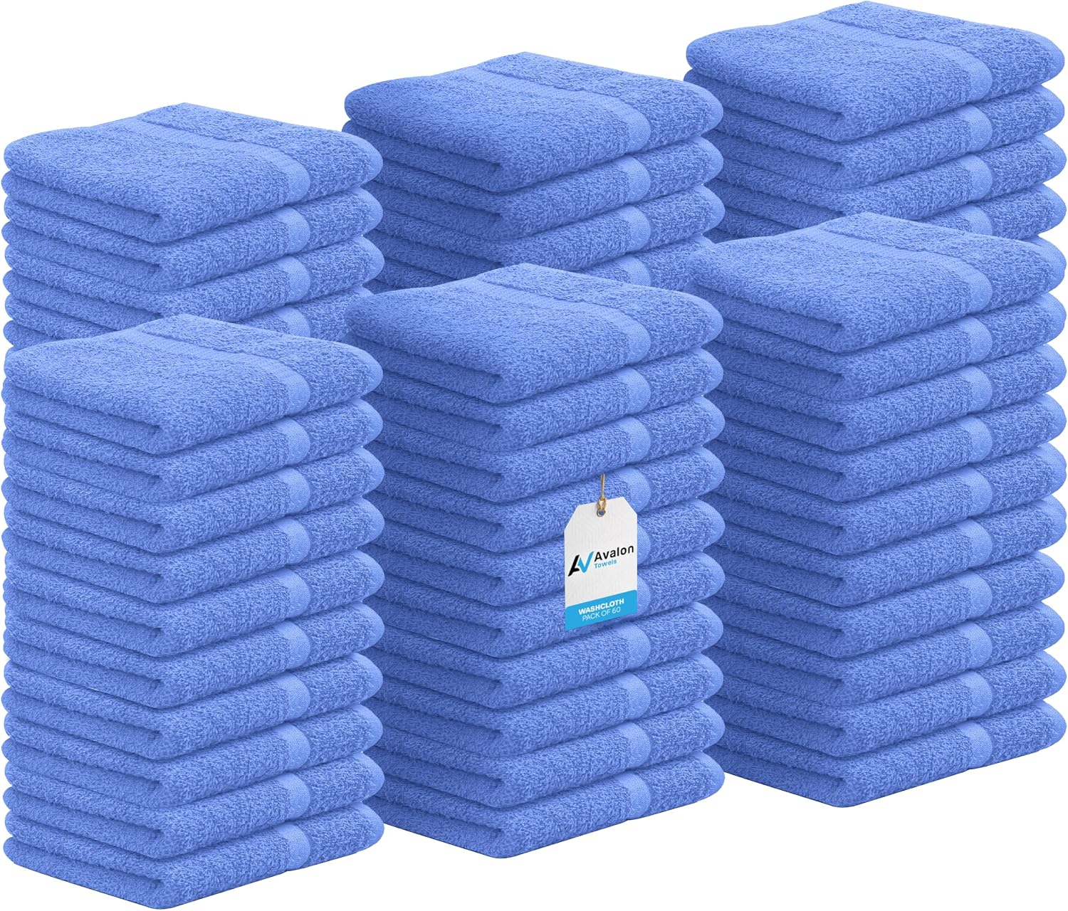 Avalon Towels Cotton Washcloths – (Pack of 60) Size 12x12 Inches, 100% Ring Spun Cotton, Soft & Absorbent Face Towels, Gym Towels, Hotel and Spa Quality, Reusable Fingertip Towels (Blue)