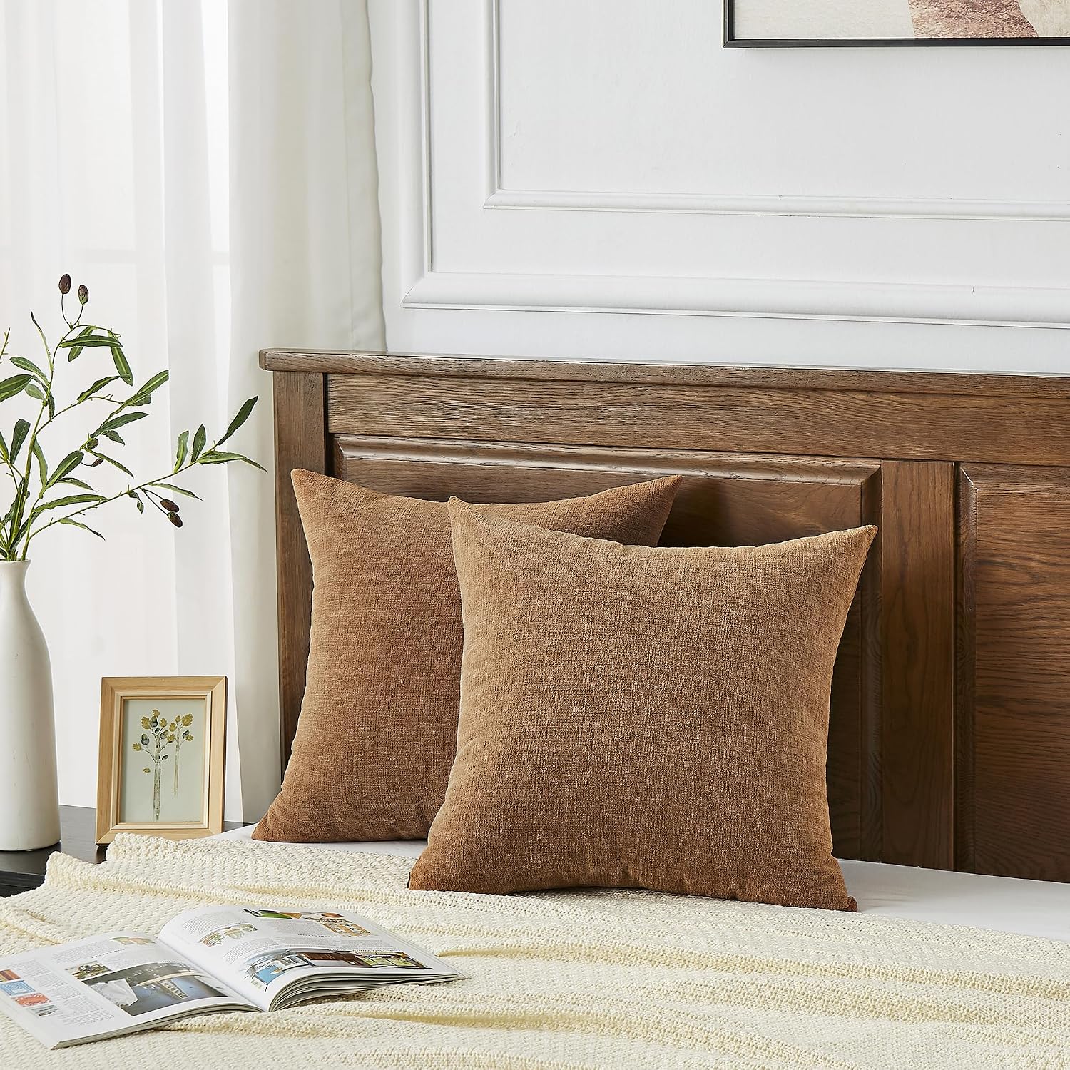 GAWAMAY Decorative Square Throw Pillow Covers 18"x18" Inch Set of 2, Super Soft Chenille Pillows Cover Fall Pillowcase for Living Room Bedroom Sofa Couch Cushion Cover Brown 45x45cm (No Inserts)