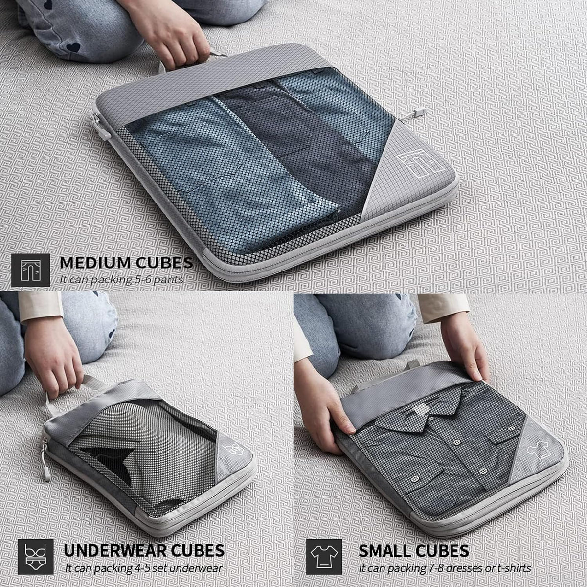 9-Set Packing Cubes with Hanging Bag | 9-Size Combination, Mesh Fabric & Reflective Stripe | Travel Luggage Organizers (Grey)