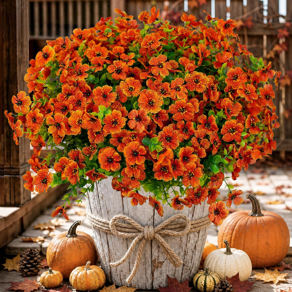 AXYLEX Artificial Mums for Outdoors Fake Fall Flowers Red Orange 16 Pack