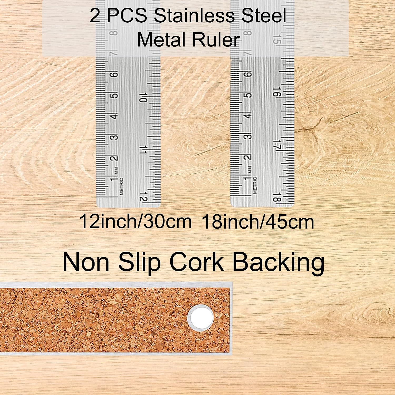 Metal Ruler with Cork Backing, 12 Inch & 18 Inch, Non-Slip Straight Edge
