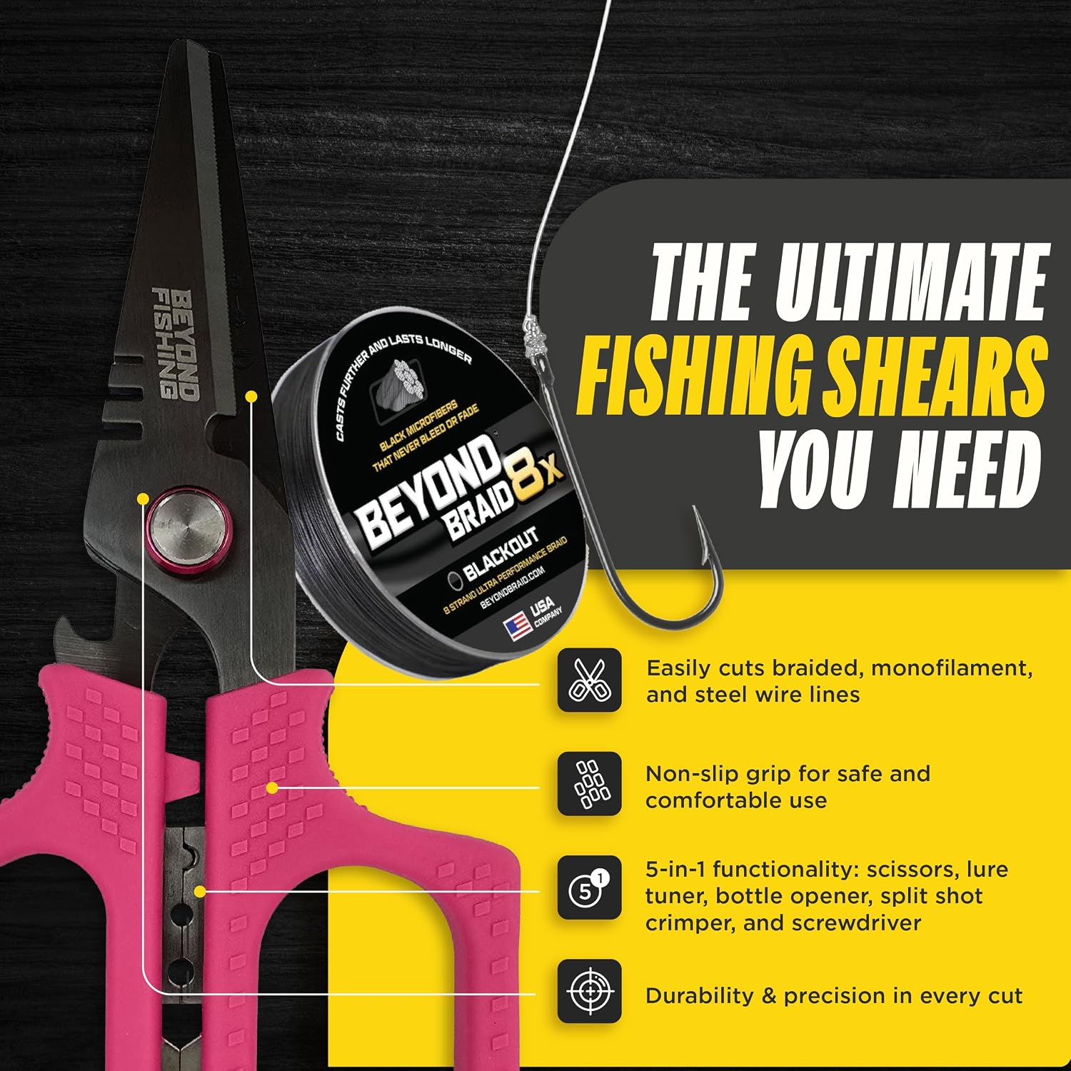 Beyond Fishing 6.5" Pro Fishing Shears Dual Serrated Blades, Fishing Braided Line Scissors with Titanium Coating, Non-Slip Grip & Multifunction Tool, Includes Hard Molded Locking Sheath