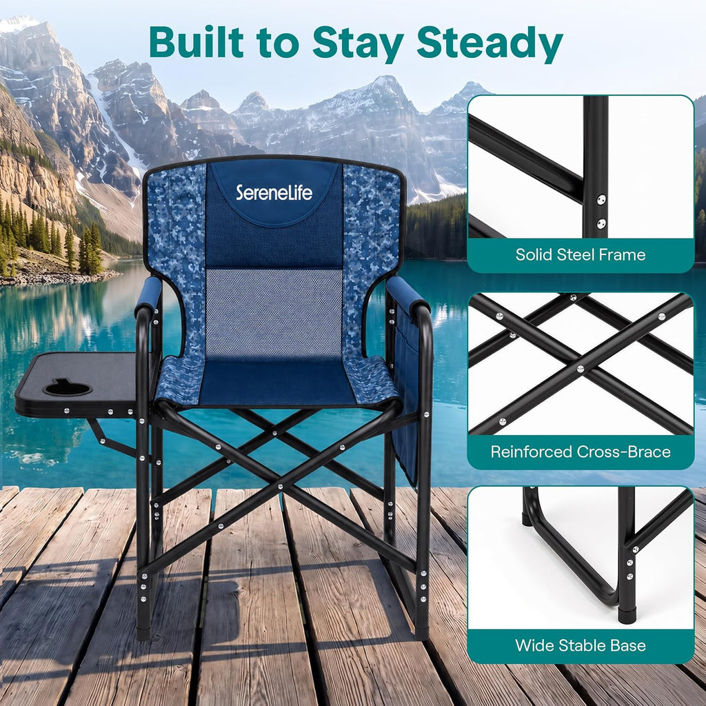 SereneLife Portable Director Chair, Folding Camping Chair with Side Table, Cup Holder & Padded Wide Armrest, 600D Weather-Resistant Fabric, Steel Frame, Carry Bag for Adults, Picnic, Blue Camouflage