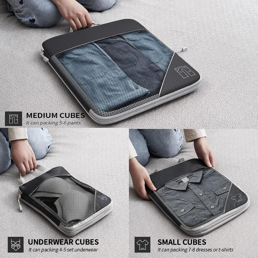 9-Set Packing Cubes with Hanging Bag | 9-Size Combination, Mesh Fabric & Reflective Stripe | Travel Luggage Organizers (Black)